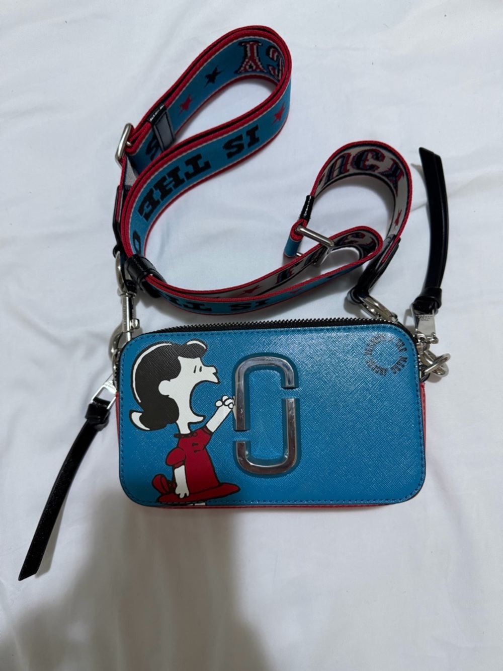 Marc Jacobs Blue Crossbody with Red Peanuts Lucy Graphic